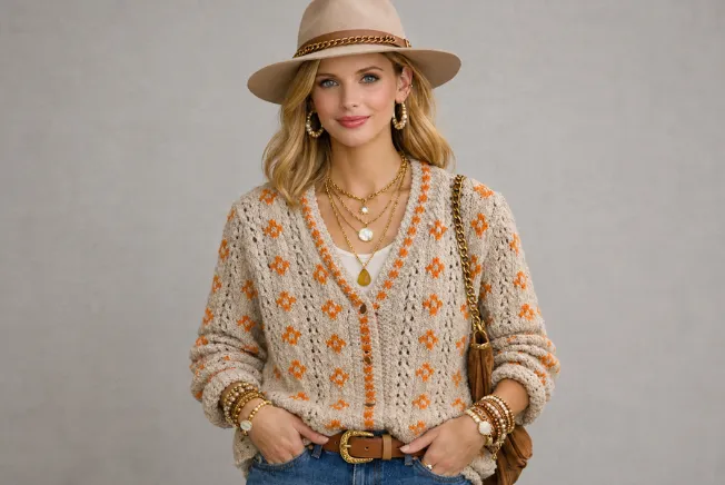A women wearing a linen cardigan